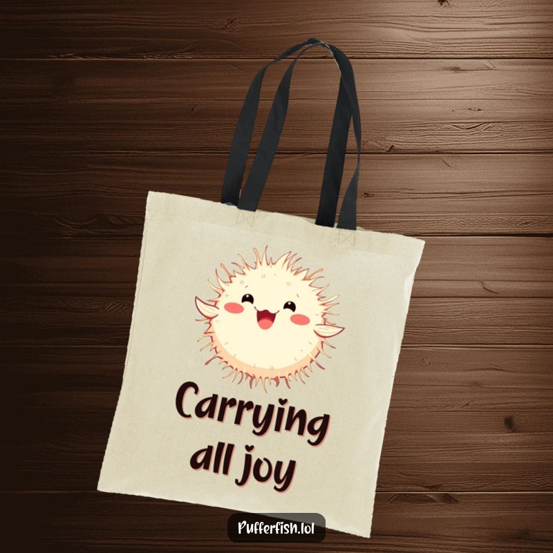 Funny Pufferfish Tote Bag with a fluffy, happily spinning pufferfish illustration, perfect for a fun and practical accessory.