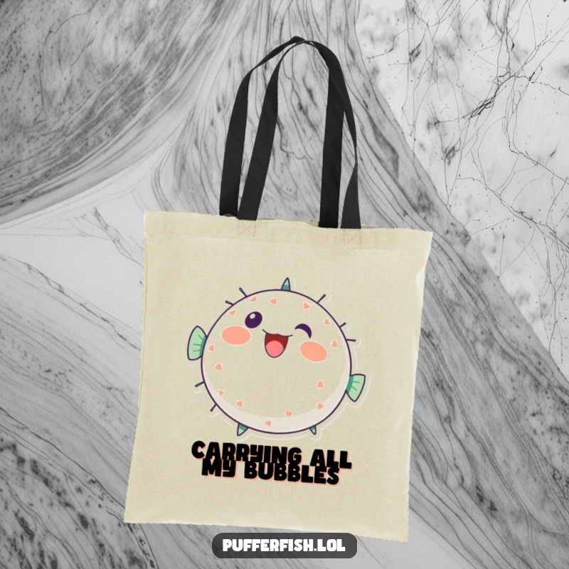 Funny pufferfish tote bag art, a round character bursting with cheerful, bubbly energy, ready to carry your items with a smile, funny gift.