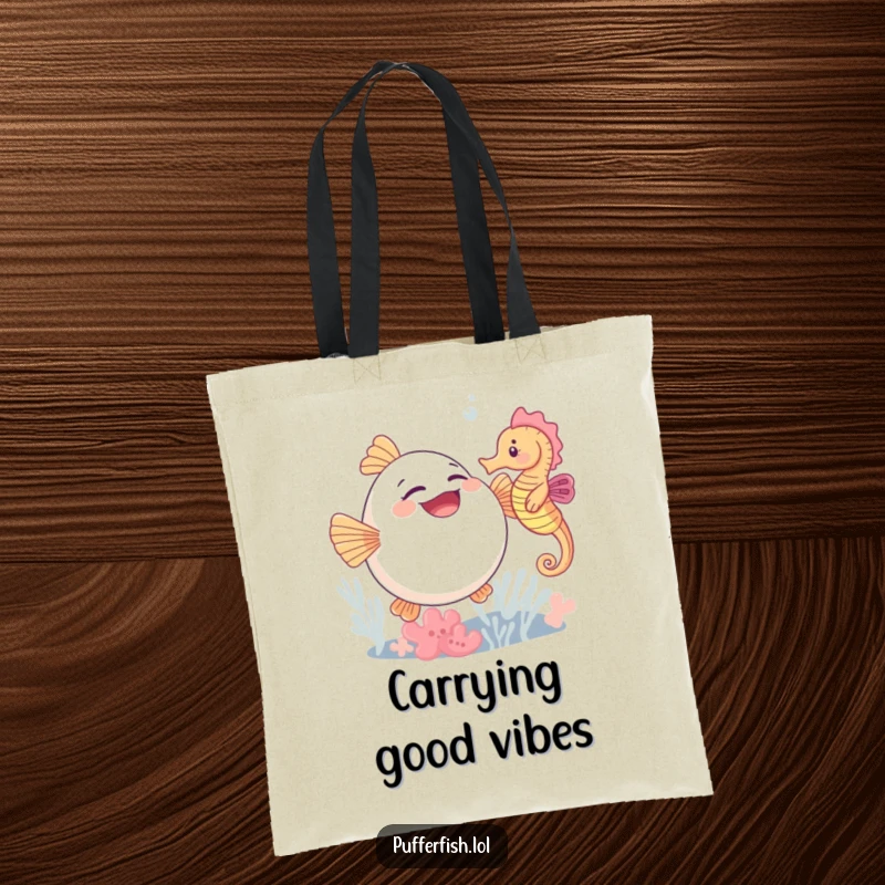 Funny tote bag illustrating a cute pufferfish bursting into giggles while a kind seahorse tickles its round body.