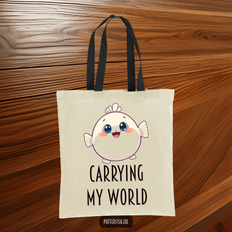Funny tote bag with a kawaii pufferfish joyfully inflating, its wide eyes conveying curiosity and charm, ideal for everyday use.