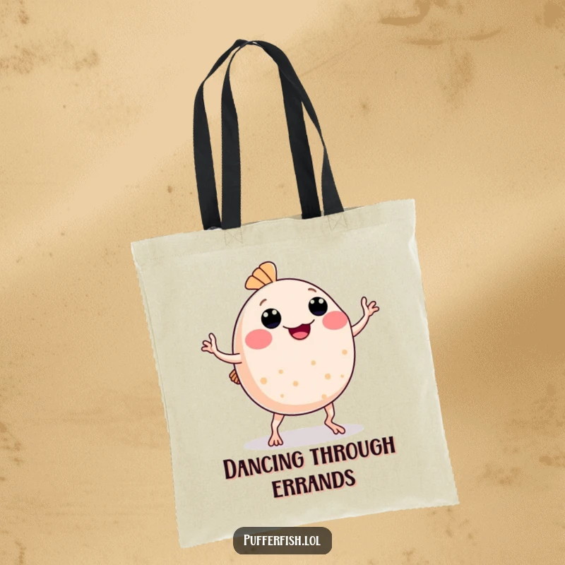 Funny Pufferfish Tote Bag: A spacious bag featuring a pufferfish comically dancing with wobbly arms and legs, ready for any adventure.