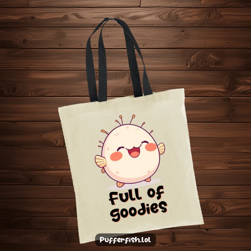 Funny tote bag depicting a chubby pufferfish happily bobbing up and down with a contagiously delighted expression.