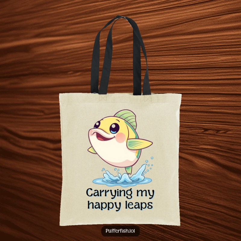 Funny Cheerful Fish Tote Bag: A fish with large, happy eyes leaps from the water, making this a humorous accessory.