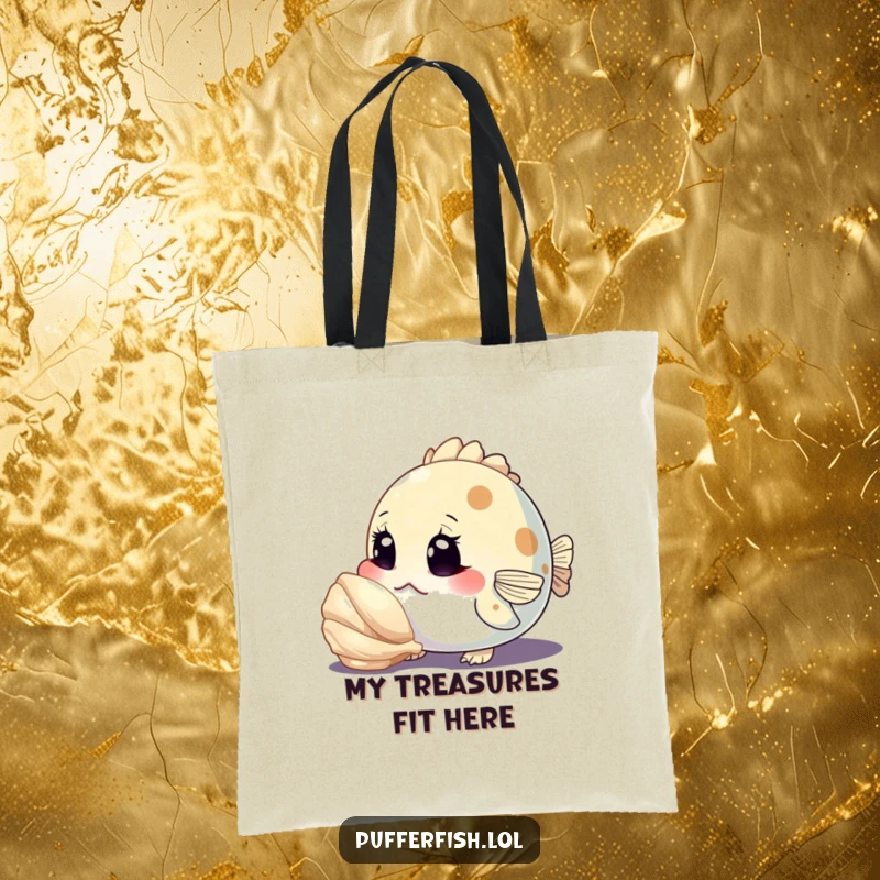 Funny tote bag depicting a curious pufferfish character inspecting a shiny seashell with wide eyes, a humorous and practical accessory for explorers.