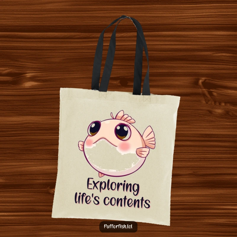 Funny pufferfish tote bag with wide, curious eyes looking around, a spacious and humorous accessory for explorers.