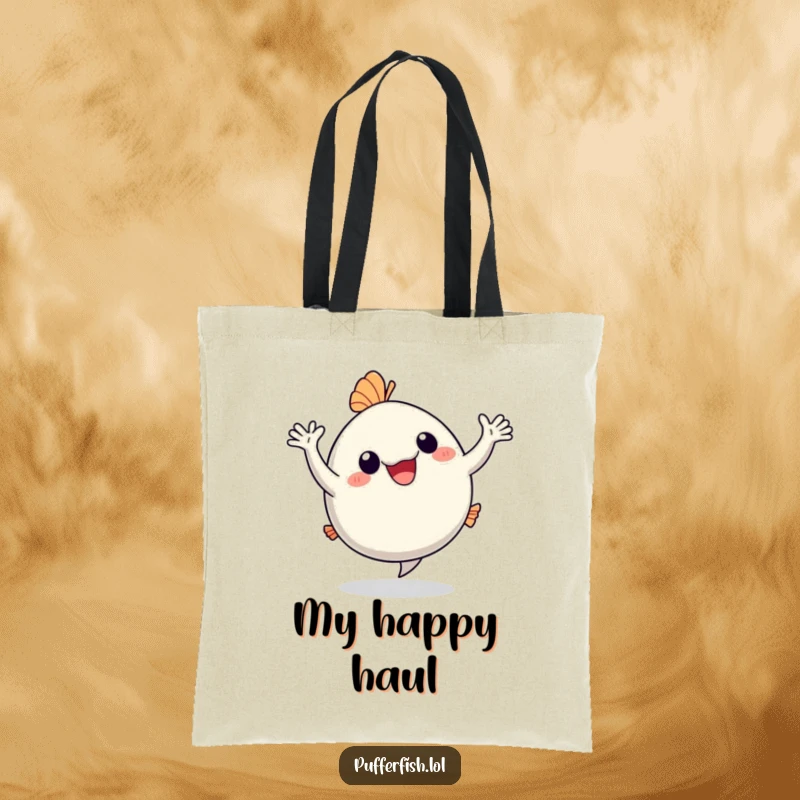 Funny Tote Bag: A happy pufferfish dances with arms waving gleefully, making this a humorous and practical bag for fun enthusiasts.
