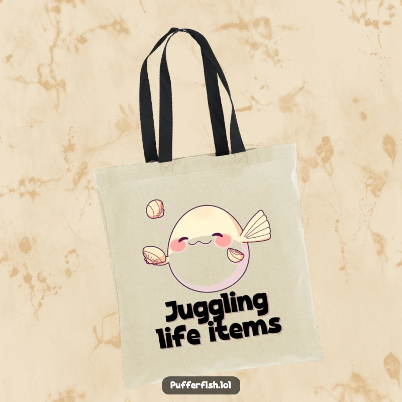 Funny pufferfish tote bag, skillfully juggling shiny seashells with its fins, a humorous and talented accessory.