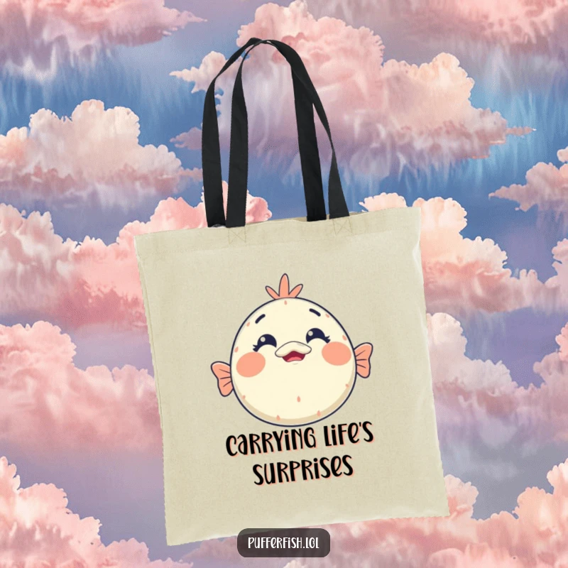 Funny kawaii pufferfish tote bag featuring a charming face with a wide-eyed, open-mouthed shocked expression, perfect for shoppers.