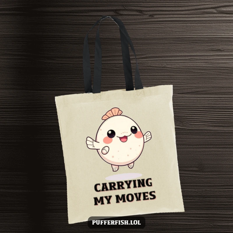 Funny kawaii pufferfish tote bag, happily dancing with wiggling fins, perfect for shopping and as a funny gift.