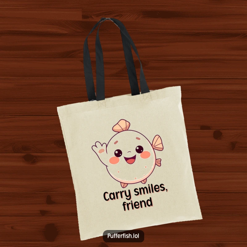 Funny Kawaii pufferfish tote bag, a cute fish giving a cheerful wave with a big smile, perfect for carrying happy finds.
