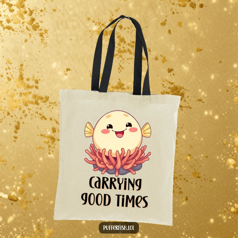 Funny tote bag featuring a round pufferfish with a huge smile, captured in a playful bounce on a lively sea anemone.