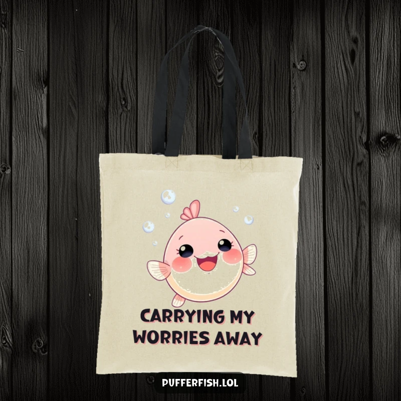 Funny pufferfish tote bag showcasing a small, gleeful pufferfish swimming merrily upwards amidst a cascade of bubbles, an everyday essential.