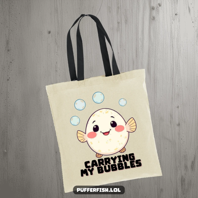 Funny tote bag illustrating a cute pufferfish character cheerfully juggling three tiny bubbles with a wide, happy grin.