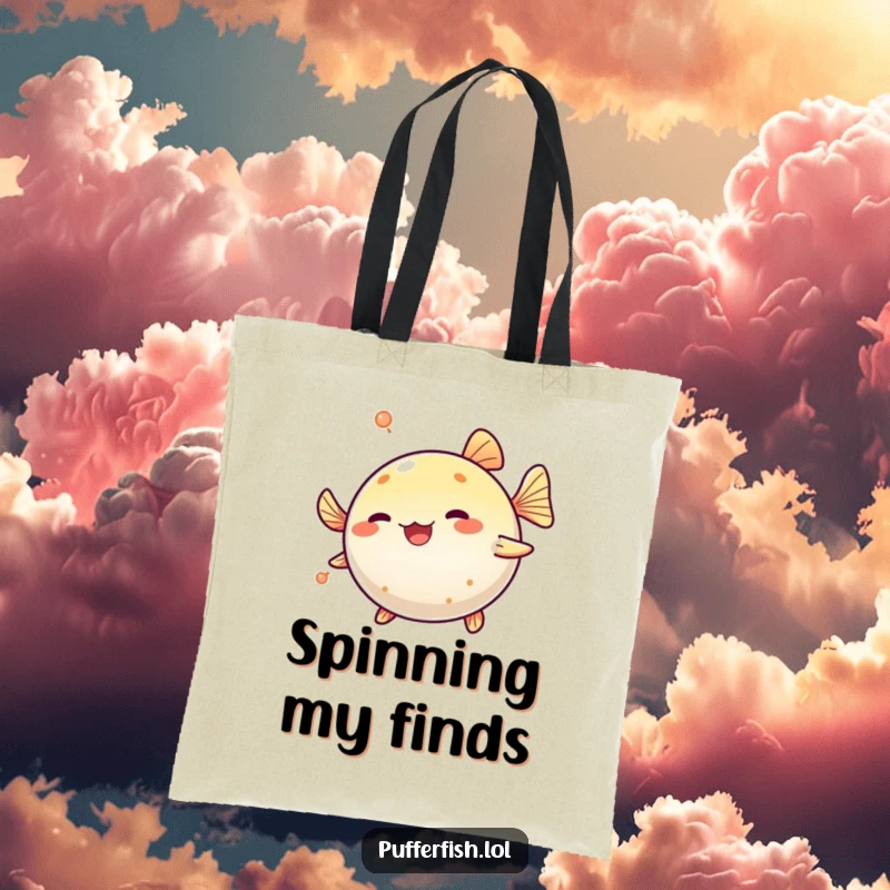 Funny Pufferfish Spinning Tote Bag: A cute pufferfish playfully spins in a circle, perfect for carrying essentials with a touch of humor.