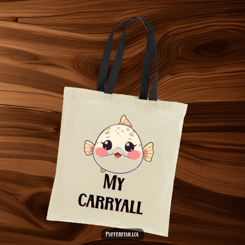 Funny Tote Bag featuring a tiny pufferfish inflating dramatically, cheeks puffed, eyes wide with playful surprise, great for errands.