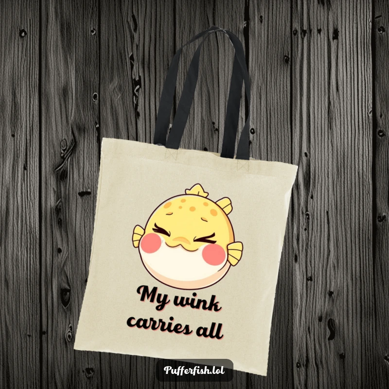 Funny Pufferfish Tote Bag: A spacious bag featuring a pufferfish with puffed cheeks winking mischievously, ready for your daily adventures.
