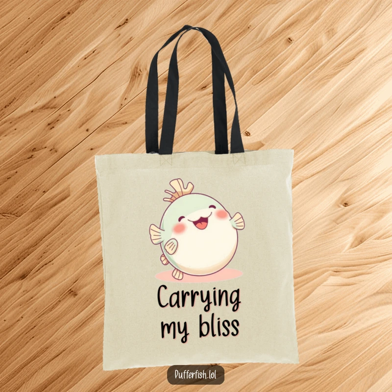 Funny pufferfish tote bag, showing off a hilariously joyful pose, rolling with glee, fins up in celebration.
