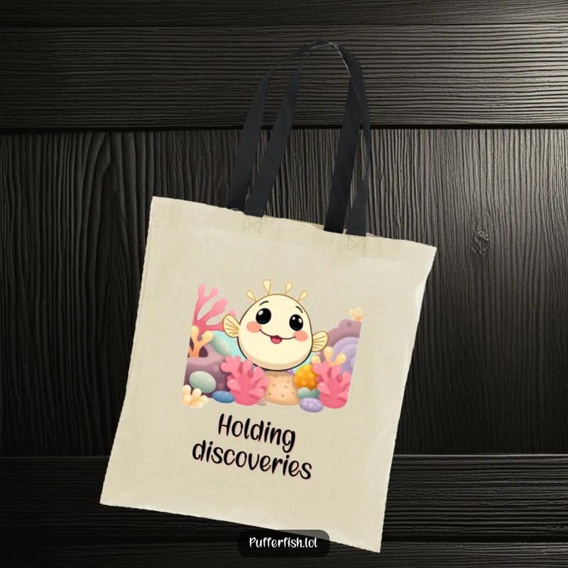 Funny Pufferfish Tote Bag with a smiling pufferfish curiously peeking from a coral reef, perfect for carrying treasures and smiles.