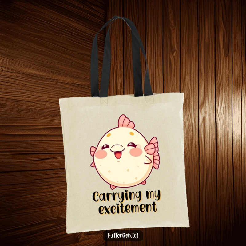 Funny kawaii pufferfish tote bag blushing and puffing up with cute excitement.