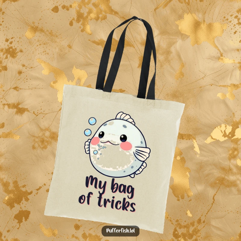 Funny Pufferfish Tote Bag: A spacious bag featuring a pufferfish comically blowing a stream of tiny bubbles, perfect for carrying your treasures.