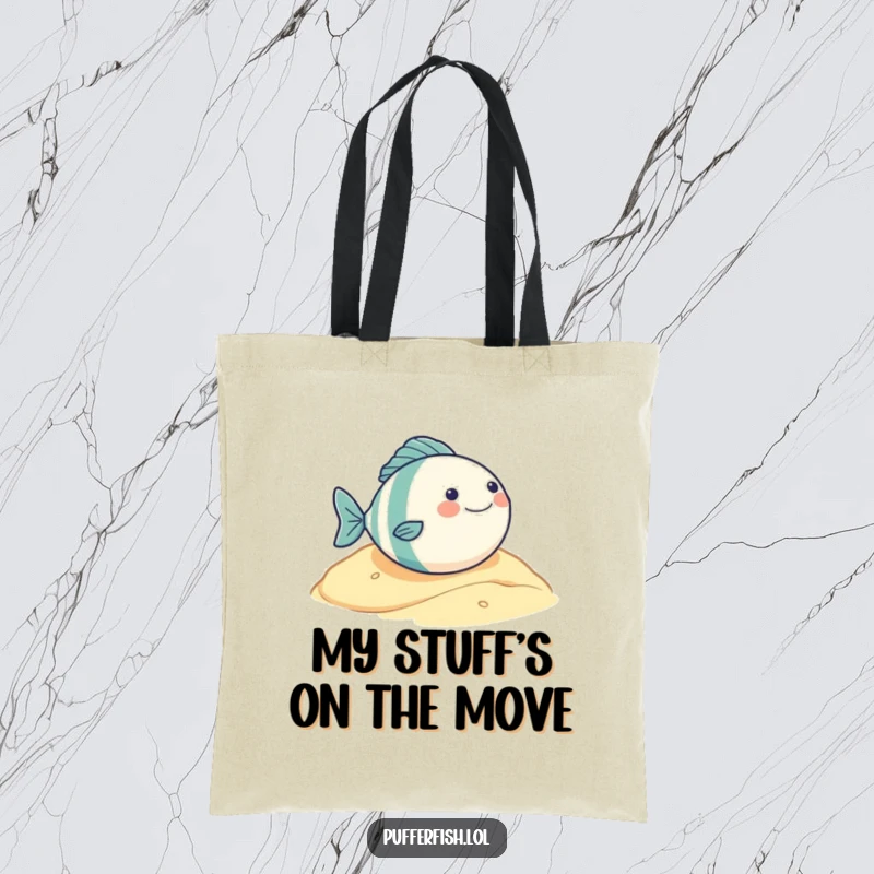 Funny tote bag showcasing a very round fish character's pure glee while rolling down a sandy hill, a charming and humorous accessory.