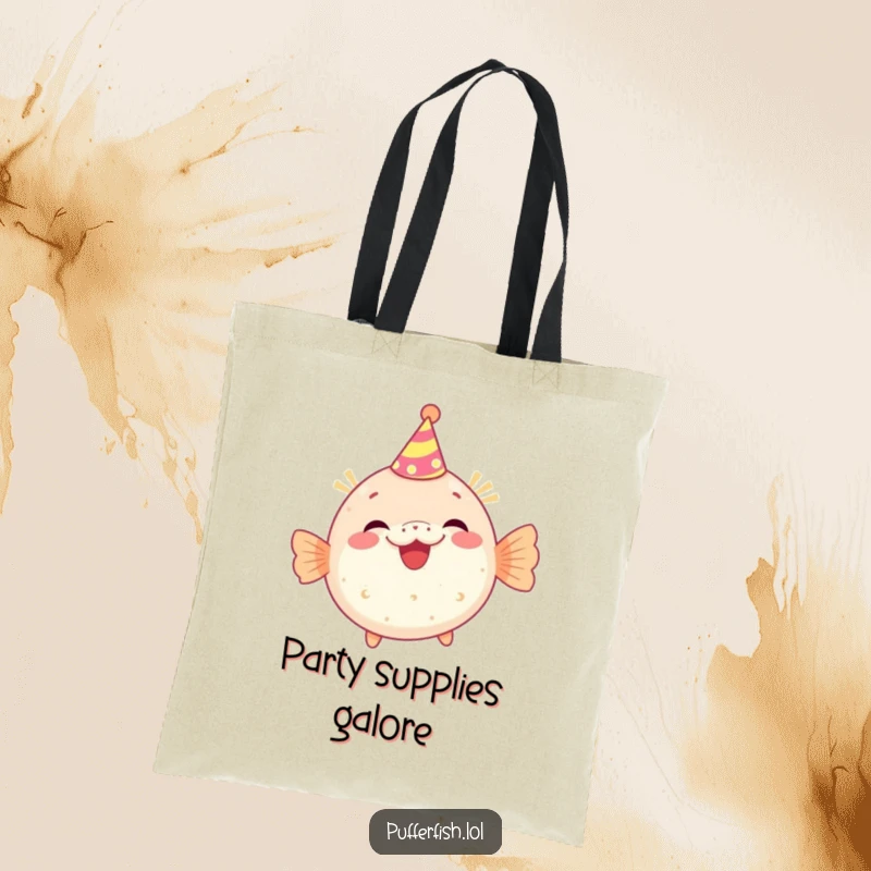 Funny tote bag with a pufferfish character wearing a tiny party hat and giggling, ideal for carrying items with a festive and humorous theme.