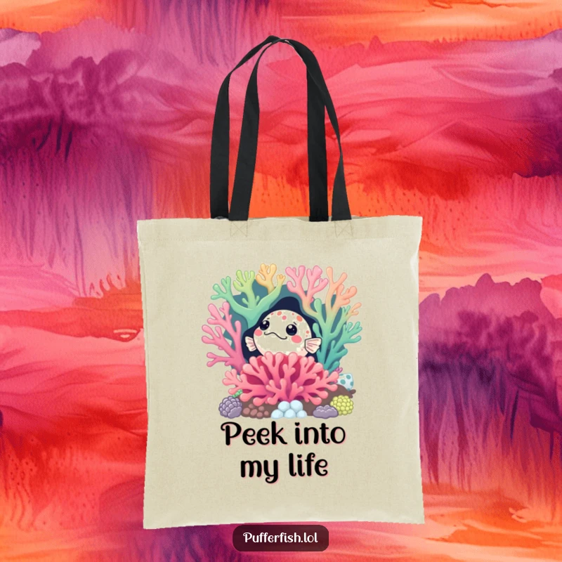Funny Curious Pufferfish Tote Bag: A humorous tote featuring a pufferfish peeking from behind a vibrant coral reef, great for carrying secrets and essentials.