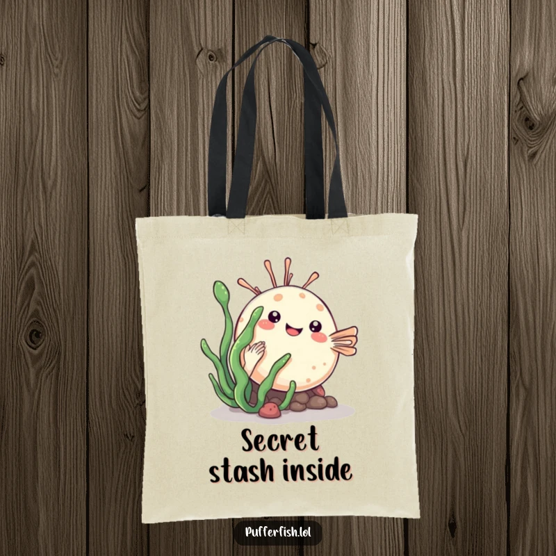 Funny kawaii pufferfish tote bag playfully hiding behind a sea plant, a cute and functional accessory.