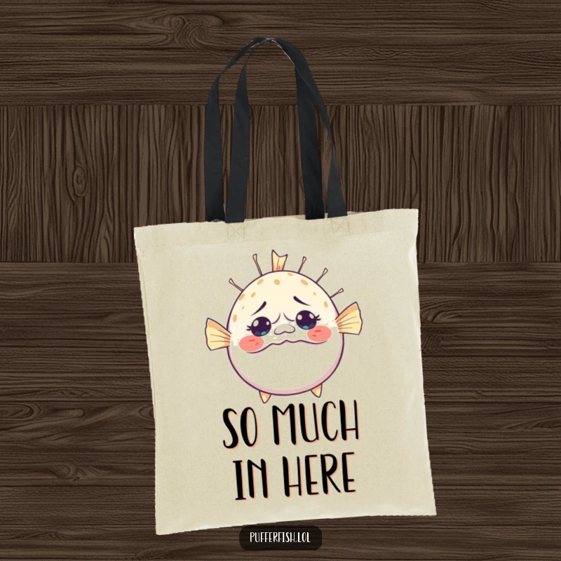 Funny Bewildered Pufferfish Tote Bag: A humorous tote featuring a pufferfish hilariously inflating with a surprised expression, great for carrying funny items.