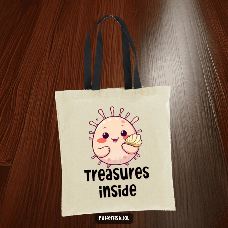 Funny tote bag with a cute pufferfish waving a friendly hello and offering a polished seashell, perfect for carrying treasures.